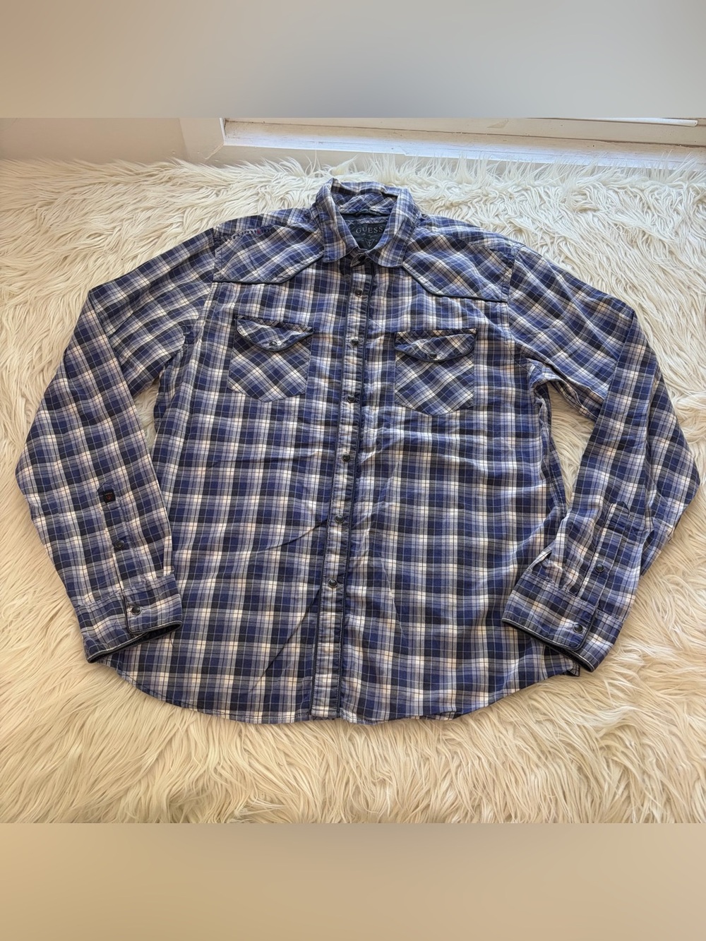 Guess Western Blue Plaid Cotton Pearl Snap Shirt Men’s Size XL Cowboy Rockabilly